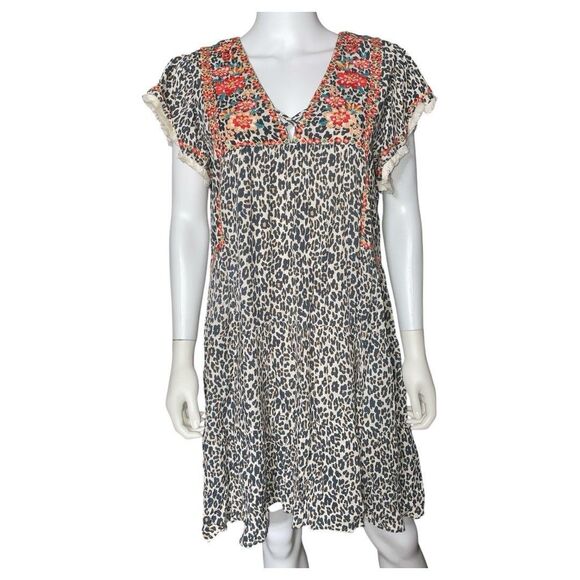Thml Leopard Floral Embroiderd Flutter Sleeve Knee Length Dress Women's Size M - Picture 1 of 16